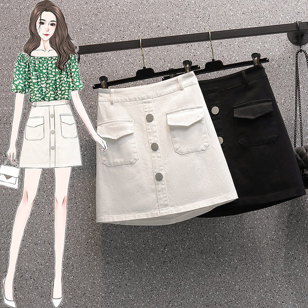 Plus Size Button Pocket Denim Mini Skirt
