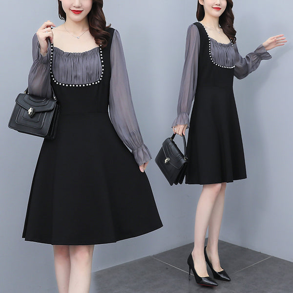 Plus Size Korean Layer Pearl Pleated Dress