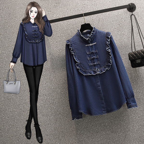 Plus size denim frill long sleeve blouse