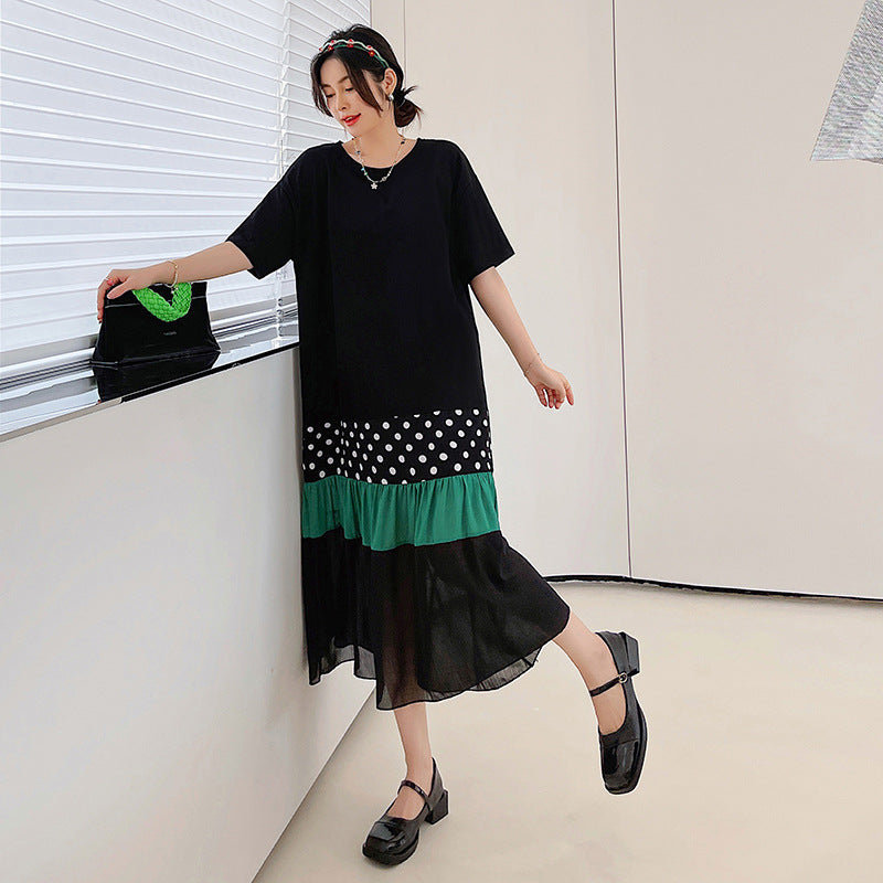 Plus Size Korean Stripes Green Polka Dots T Shirt Dress