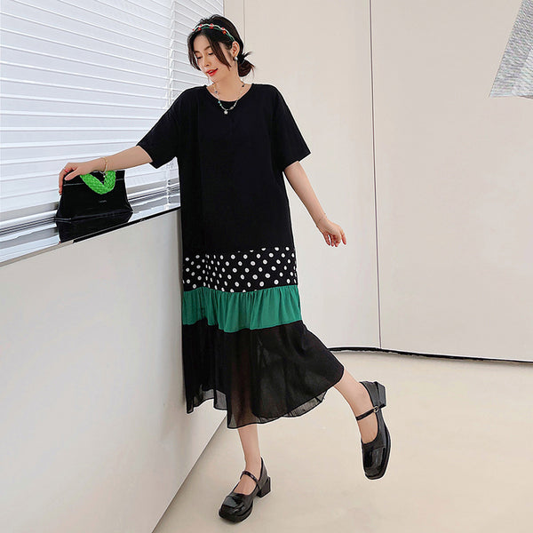 Plus Size Korean Stripes Green Polka Dots T Shirt Dress