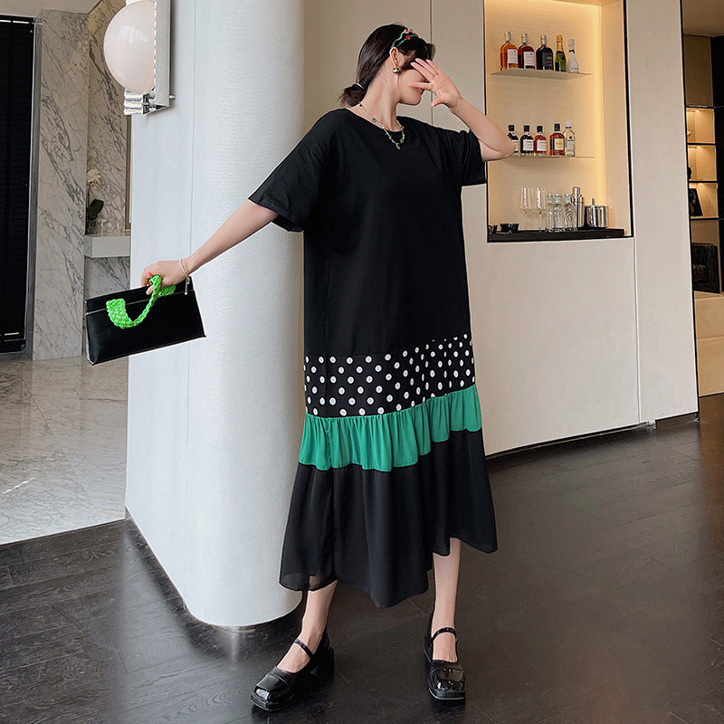 Plus Size Korean Stripes Green Polka Dots T Shirt Dress Pluspreorder