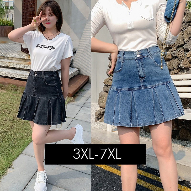 Plus Size Pleat Denim Mini Skirt (EXTRA BIG SIZE)