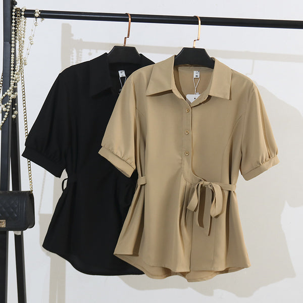 Plus Size Waist Tie Shirt Blouse