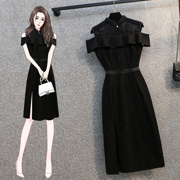 Plus Size Black Cheongsam Slit Off Shoulder Dress