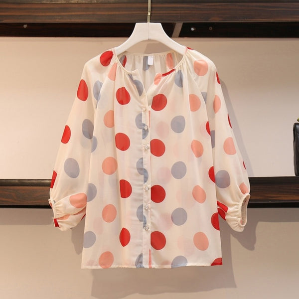 Plus size polka dots notch neck blouse
