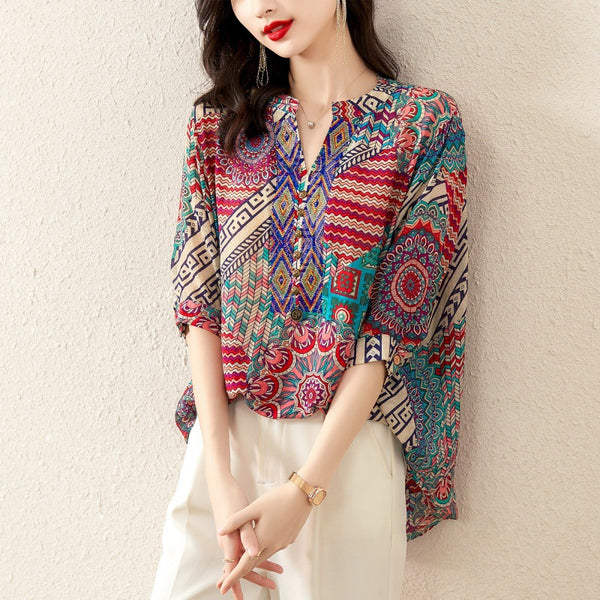 Plus Size Notch Neck Loose Ethnic Blouse