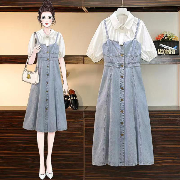 Plus Size White Blouse and Denim Midi Dress Set