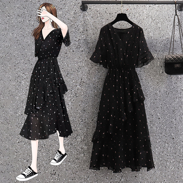 Plus Size Korean Polka Dots Tier Wrap Midi Dress