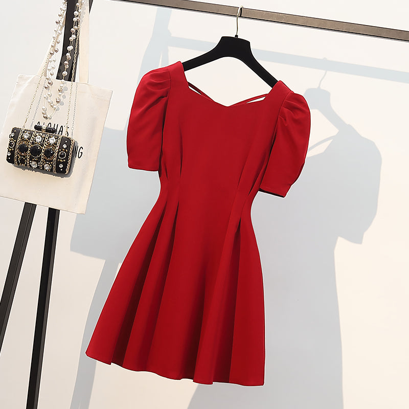 Plus size Korean red puff sleeve dress – Pluspreorder