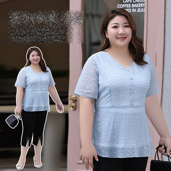 (XL-7XL) Plus Size Blue Print Pindot Chiffon V Neck Blouse (EXTRA BIG SIZE)