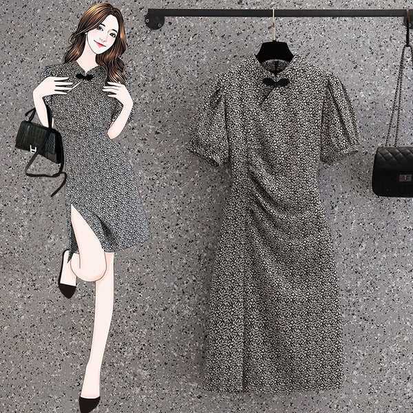 Plus Size Modern Monchrome Print Cheongsam Dress