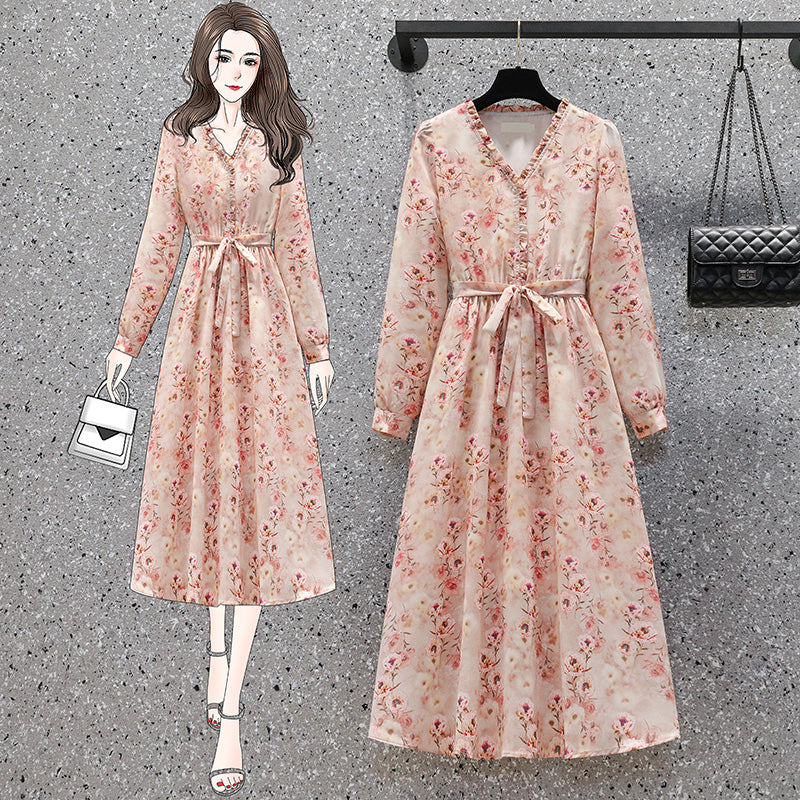 Plus size spring floral long sleeve midi dress