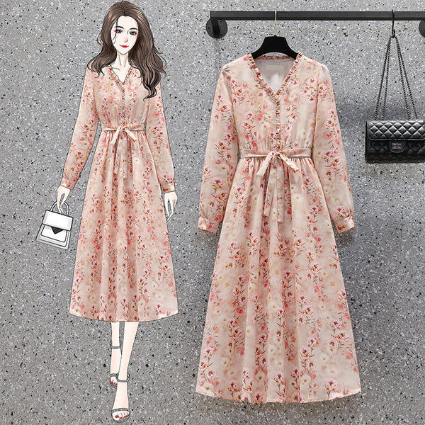 Plus size spring floral long sleeve midi dress