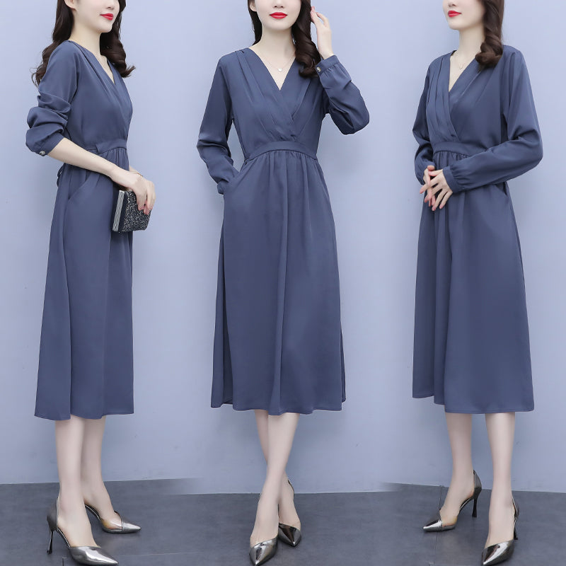 Plus size pleat wrap long sleeve midi dress