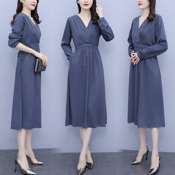 Plus size pleat wrap long sleeve midi dress