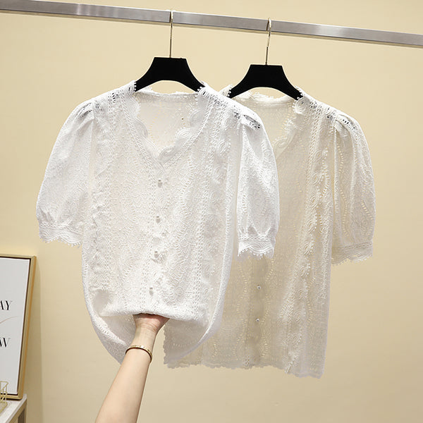 Plus Size Korean Lace V Neck Blouse