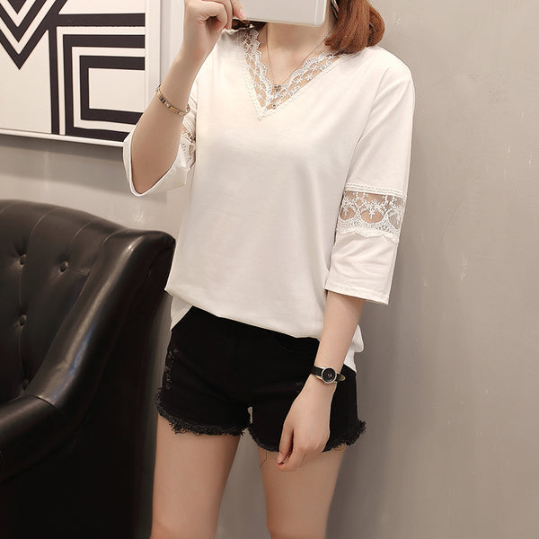 Plus Size V Neck Lace T Shirt
