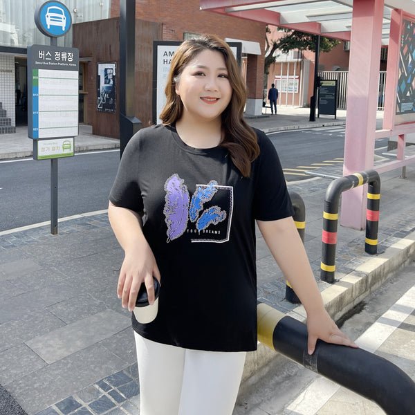 Plus Size Embellished Leafs Cotton T Shirt