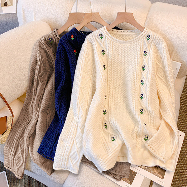 Plus Size Korean Flowers Embroidered Knit Sweater