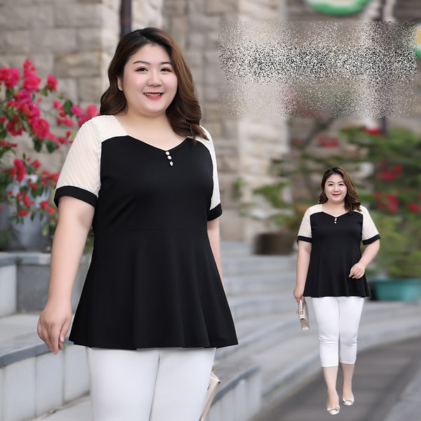 (XL-7XL) Plus Size Monochrome Buttons Short Sleeve Blouse (EXTRA BIG SIZE)