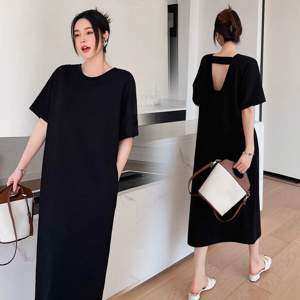 Plus Size Korean Black Open Back Midi T Shirt Dress