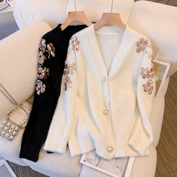 Plus Size Korean Sequin Flowers Sweater Cardigan