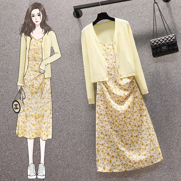 Plus size Korean ditsy floral dress and cardigan set