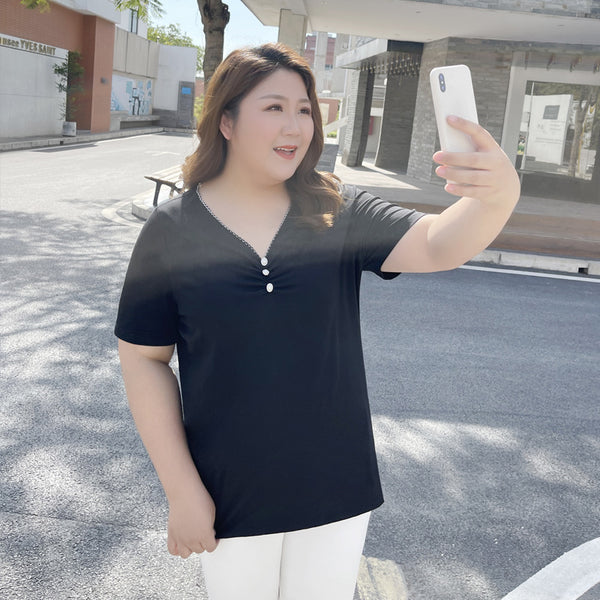 Plus Size V Neck Buttons T Shirt