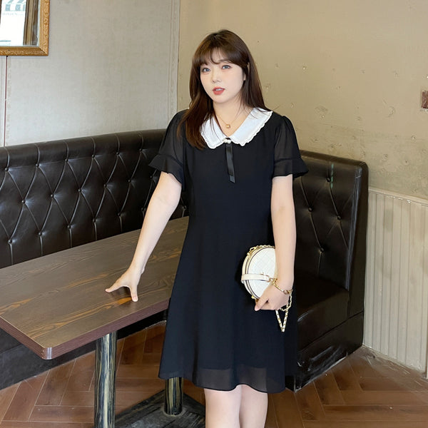 (2XL-6XL) Plus Size Pearl Collar Black Dress