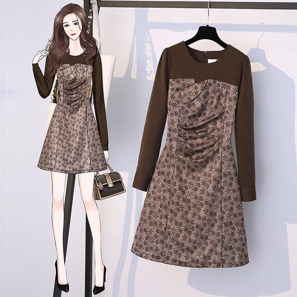 Plus size Korean brown checked dress