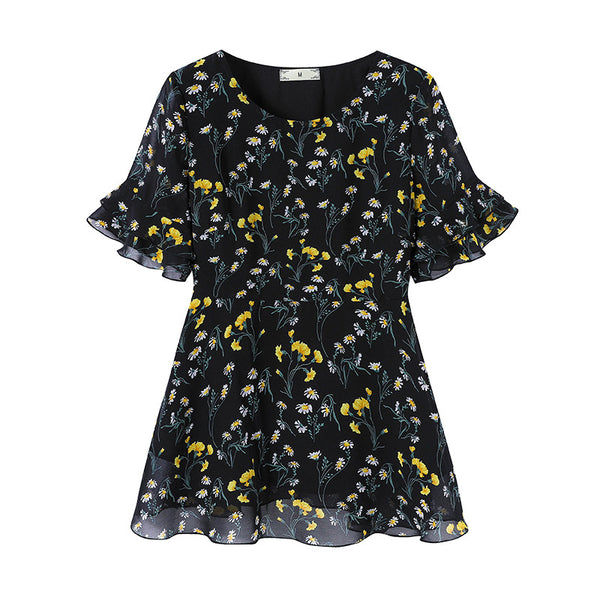 Plus Size Floral Bell Sleeve Chiffon Blouse
