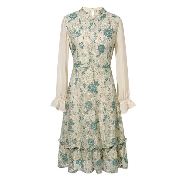 Plus Size Lace Cream Long Sleeve Cheongsam Dress