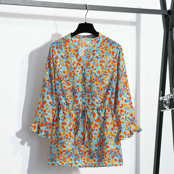 Plus Size Colourful Floral Loose Mid Sleeve Blouse