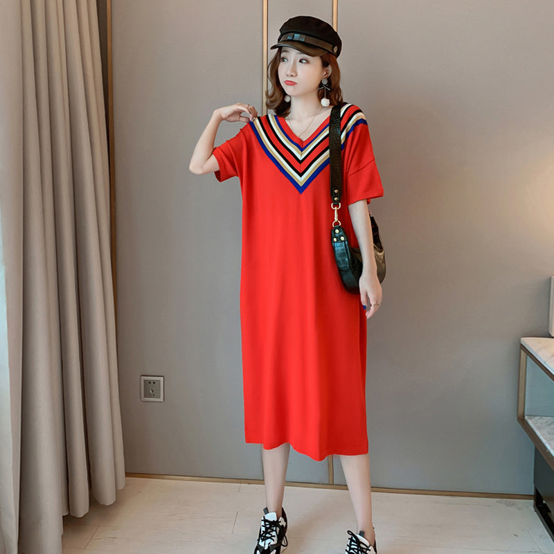 Plus Size 100 Cotton V Neck Rainbow Midi Dress Pluspreorder