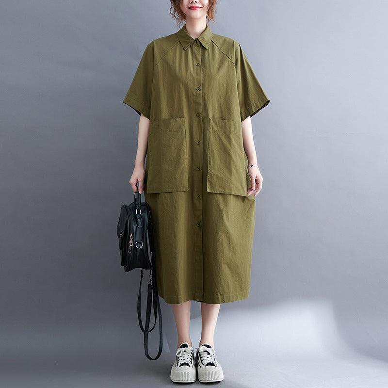 Plus Size Cargo Pockets Midi Shirt Dress Pluspreorder
