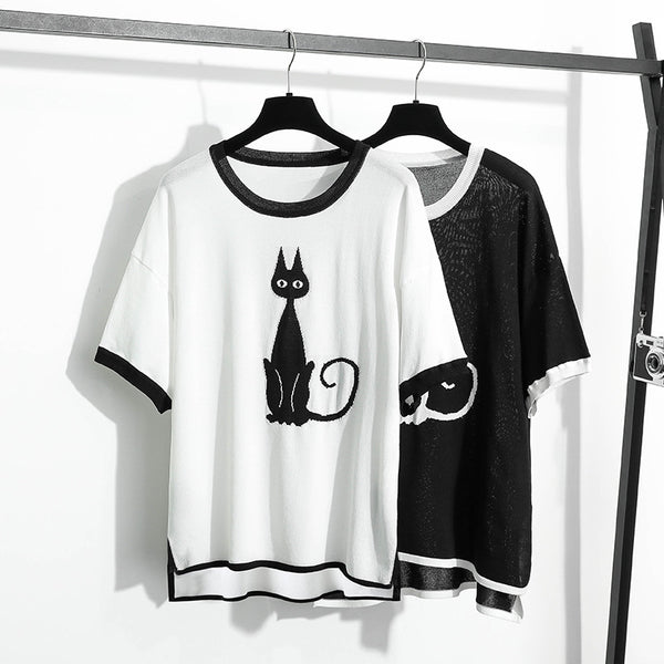 Plus Size Cat Knit Short Sleeve Top