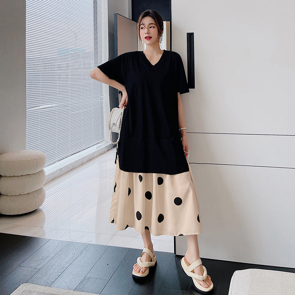 Plus Size Polka Dots Layer Midi T Shirt Dress