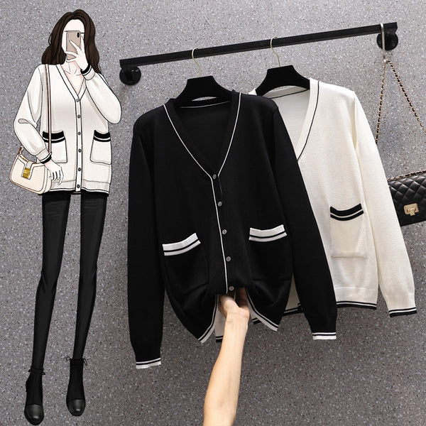 Plus Size Monochrome Stripes Knit Cardigan