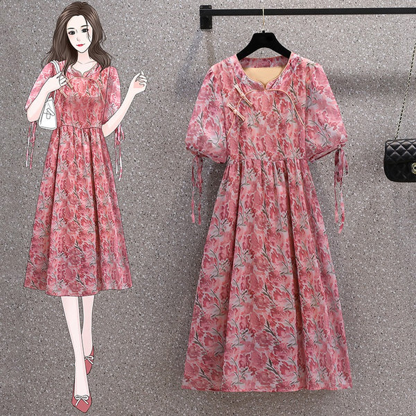 Plus Size Floral Puff Sleeve Cheongsam Dress
