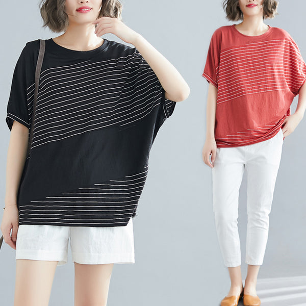 Plus Size Stripe Loose Batwing T Shirt Top