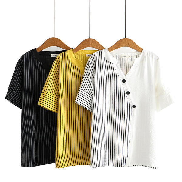 Plus Size Stripes Buttons V Neck Blouse