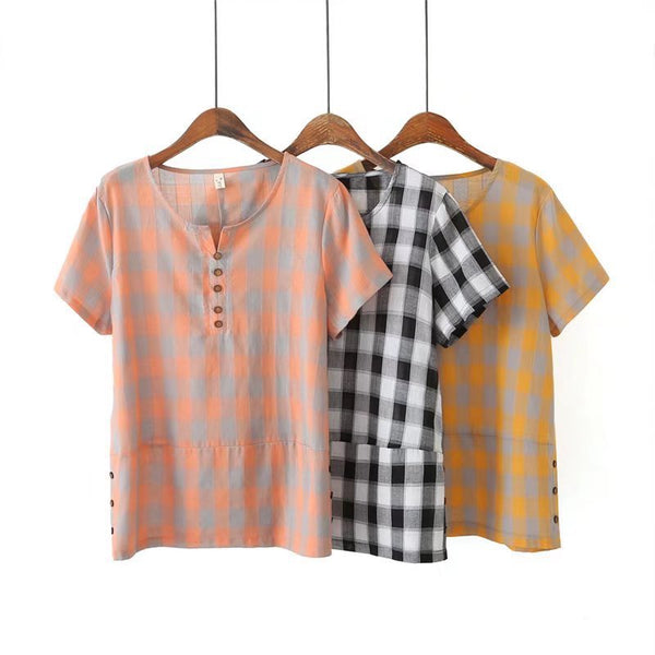 Plus Size Checked Notch Neck Blouse