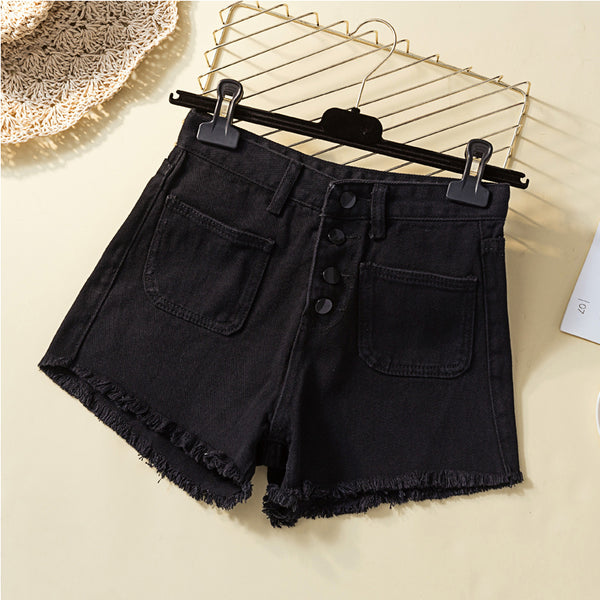 Plus Size Black Buttons Fray Denim Shorts