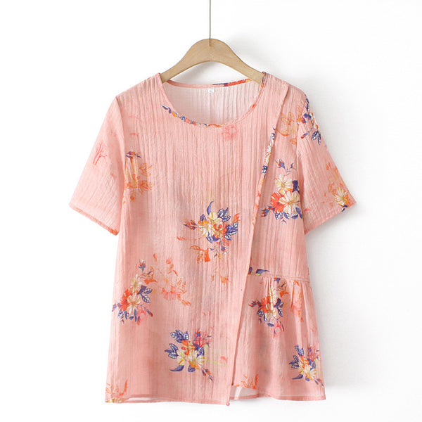 Plus Size Oriental Flowers Asymmetric Blouse