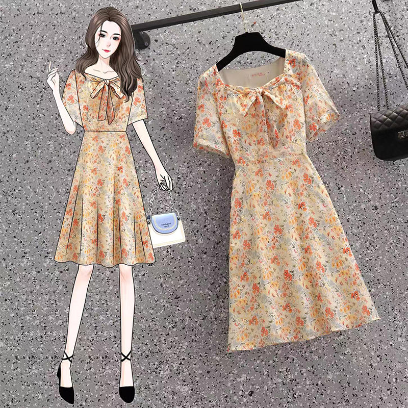 Plus Size Korean Floral Square Neck Dress