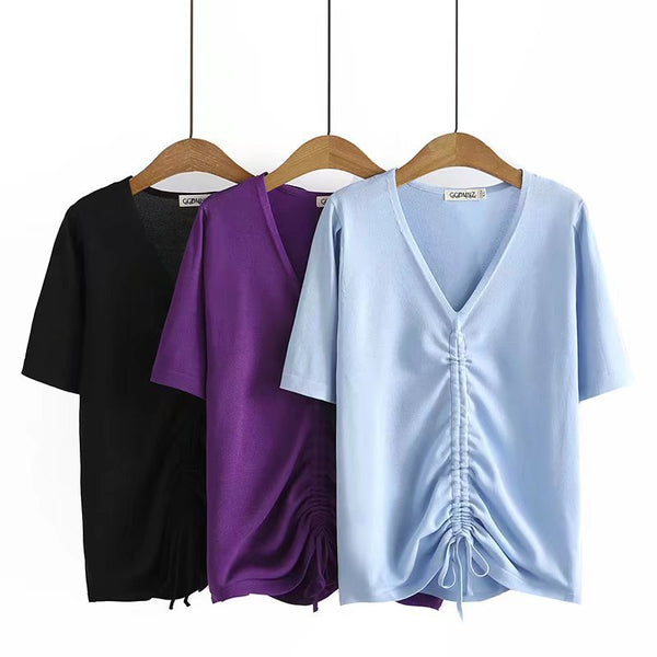 Plus Size Drawstring V Neck Blouse