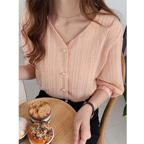 Plus Size V Neck Pearl Blouse