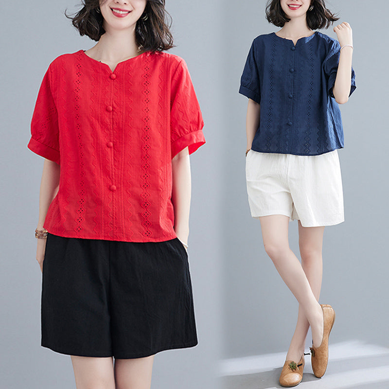 Plus Size Cotton Lace Notch Neck Blouse