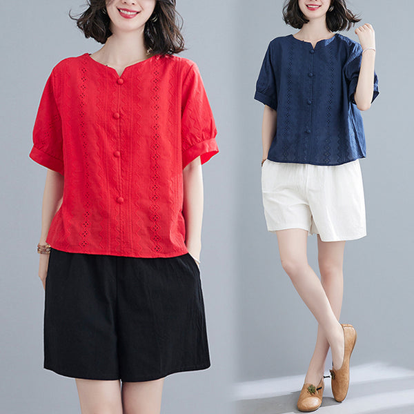 Plus Size Cotton Lace Notch Neck Blouse